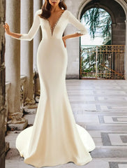 Flavinke Customized Sexy Women's Mermaid Wedding Dresses V-Neck Backless Long Sleeve Bridal Dress