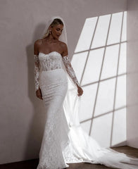 Charming Removable Sleeves Sweetheart Full Lace Mermaid Wedding Dress Sweep Train Bridal Gown
