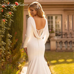 Customized Elegant Mermaid Wedding Dress Satin Cowl Back O-Neck Bridal Gown Long Sleeves Sweep Train