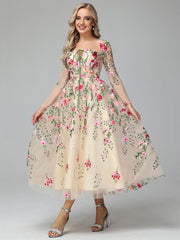 Cicinia Tea Length Strapless Zipper Long Sleeves Prom Dresses