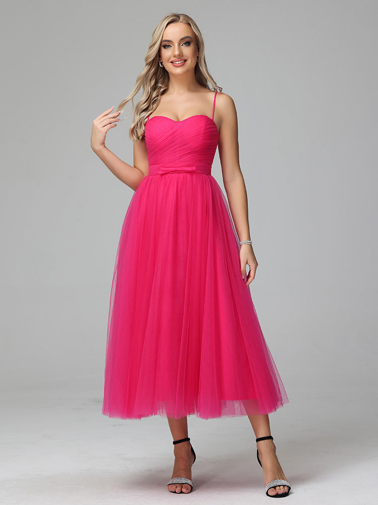 Illusion Tea Length Strapless Zipper Sleeveless Prom Dresses