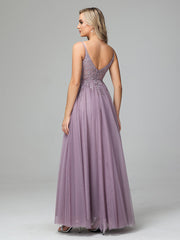 V-neck Floor Length Sleeveless Prom Dresses