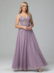 V-neck Floor Length Sleeveless Prom Dresses