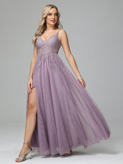 V-neck Floor Length Sleeveless Prom Dresses