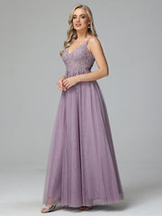V-neck Floor Length Sleeveless Prom Dresses
