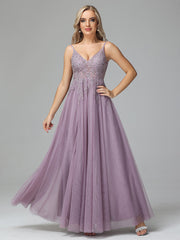 V-neck Floor Length Sleeveless Prom Dresses