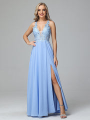 Elegant Lace-Up Floor Length Sleeveless Prom Dresses With Split