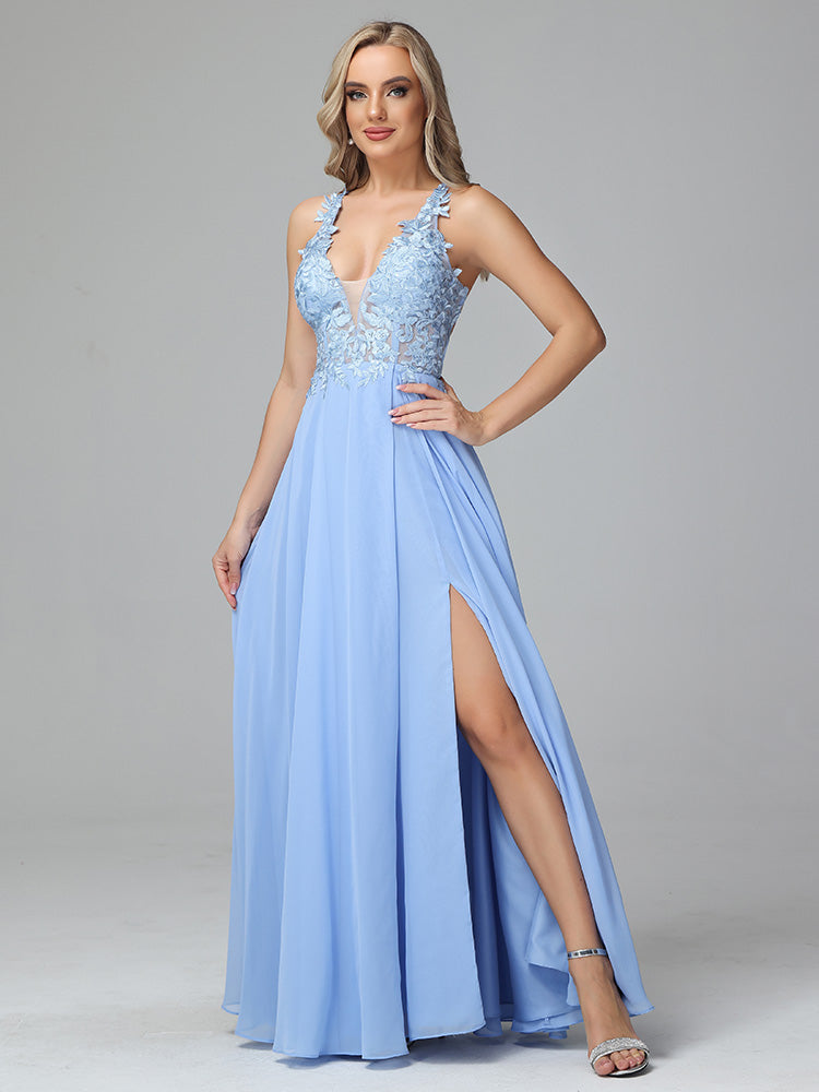 Elegant Lace-Up Floor Length Sleeveless Prom Dresses With Split