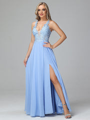 Elegant Lace-Up Floor Length Sleeveless Prom Dresses With Split