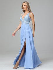 Elegant Lace-Up Floor Length Sleeveless Prom Dresses With Split