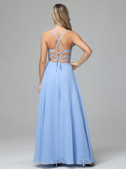 Elegant Lace-Up Floor Length Sleeveless Prom Dresses With Split