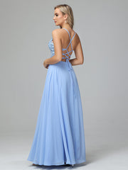 Elegant Lace-Up Floor Length Sleeveless Prom Dresses With Split