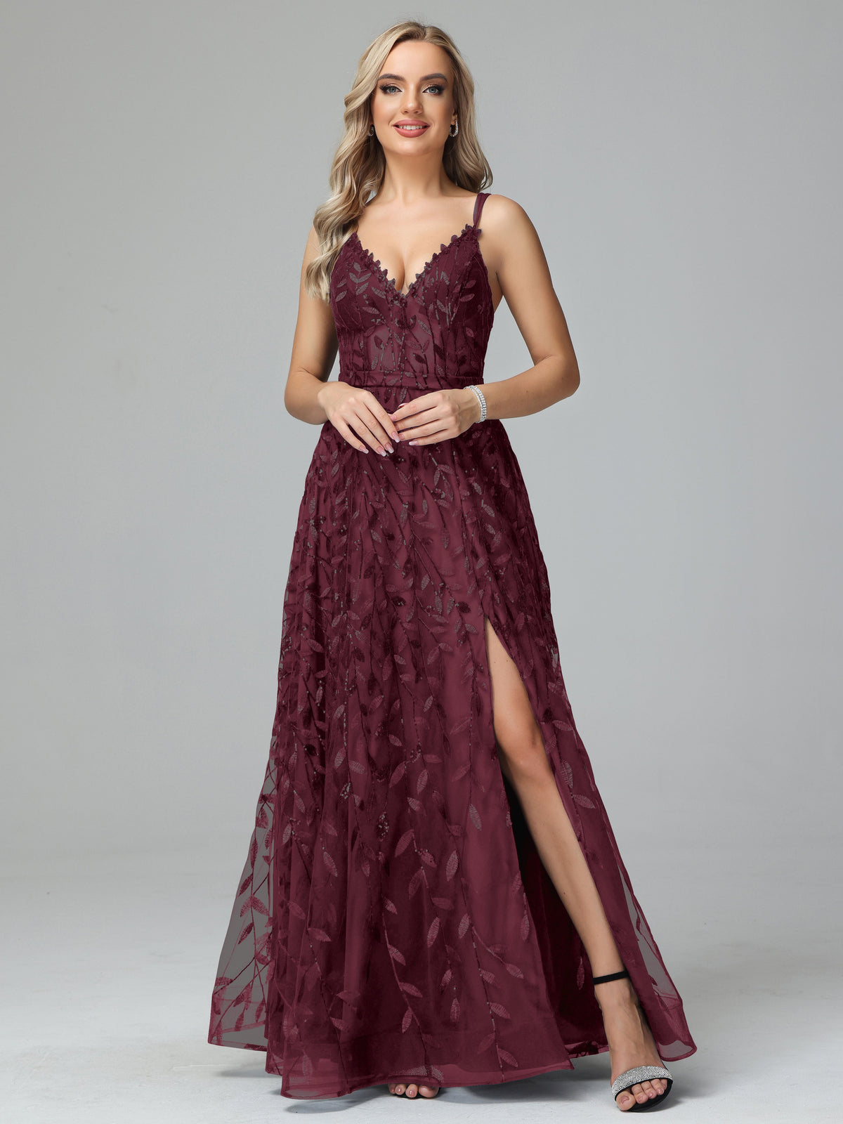 Unique V-Neck Split Floor Length Sleeveless Prom Dresses