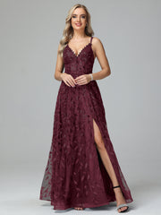 Unique V-Neck Split Floor Length Sleeveless Prom Dresses