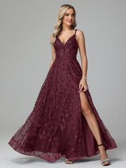 Unique V-Neck Split Floor Length Sleeveless Prom Dresses