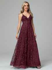 Unique V-Neck Split Floor Length Sleeveless Prom Dresses