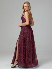 Unique V-Neck Split Floor Length Sleeveless Prom Dresses