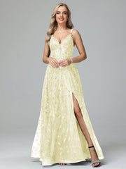 Unique V-Neck Split Floor Length Sleeveless Prom Dresses