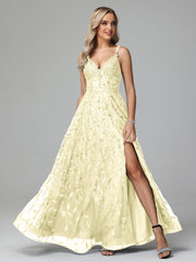 Unique V-Neck Split Floor Length Sleeveless Prom Dresses