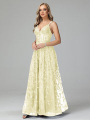 Unique V-Neck Split Floor Length Sleeveless Prom Dresses