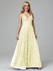 Unique V-Neck Split Floor Length Sleeveless Prom Dresses