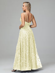 Unique V-Neck Split Floor Length Sleeveless Prom Dresses