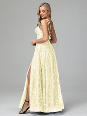 Unique V-Neck Split Floor Length Sleeveless Prom Dresses