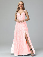 Unique V-Neck Split Floor Length Sleeveless Prom Dresses