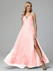 Unique V-Neck Split Floor Length Sleeveless Prom Dresses