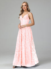 Unique V-Neck Split Floor Length Sleeveless Prom Dresses