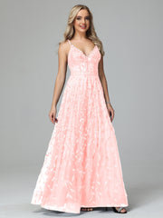 Unique V-Neck Split Floor Length Sleeveless Prom Dresses