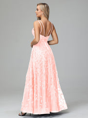 Unique V-Neck Split Floor Length Sleeveless Prom Dresses