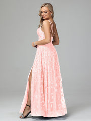 Unique V-Neck Split Floor Length Sleeveless Prom Dresses