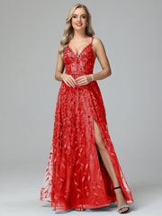Unique V-Neck Split Floor Length Sleeveless Prom Dresses