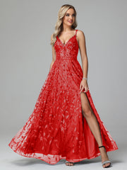 Unique V-Neck Split Floor Length Sleeveless Prom Dresses