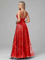 Unique V-Neck Split Floor Length Sleeveless Prom Dresses