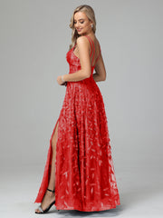 Unique V-Neck Split Floor Length Sleeveless Prom Dresses