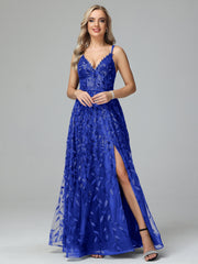 Unique V-Neck Split Floor Length Sleeveless Prom Dresses