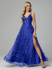 Unique V-Neck Split Floor Length Sleeveless Prom Dresses