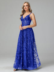 Unique V-Neck Split Floor Length Sleeveless Prom Dresses