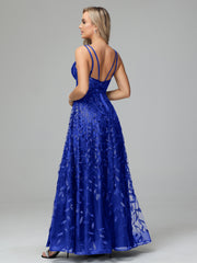 Unique V-Neck Split Floor Length Sleeveless Prom Dresses