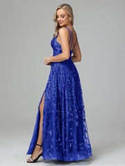 Unique V-Neck Split Floor Length Sleeveless Prom Dresses