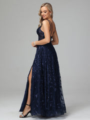 Unique V-Neck Split Floor Length Sleeveless Prom Dresses