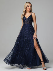 Unique V-Neck Split Floor Length Sleeveless Prom Dresses