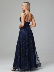 Unique V-Neck Split Floor Length Sleeveless Prom Dresses