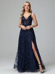 Unique V-Neck Split Floor Length Sleeveless Prom Dresses