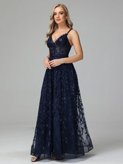 Unique V-Neck Split Floor Length Sleeveless Prom Dresses
