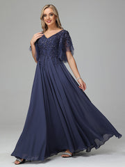 Charming V-Neck Floor Length Short Sleeves Prom Dresses