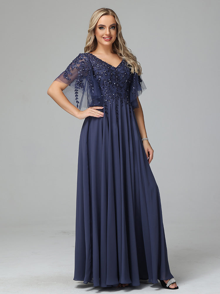 Charming V-Neck Floor Length Short Sleeves Prom Dresses