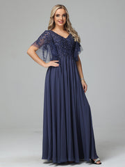 Charming V-Neck Floor Length Short Sleeves Prom Dresses